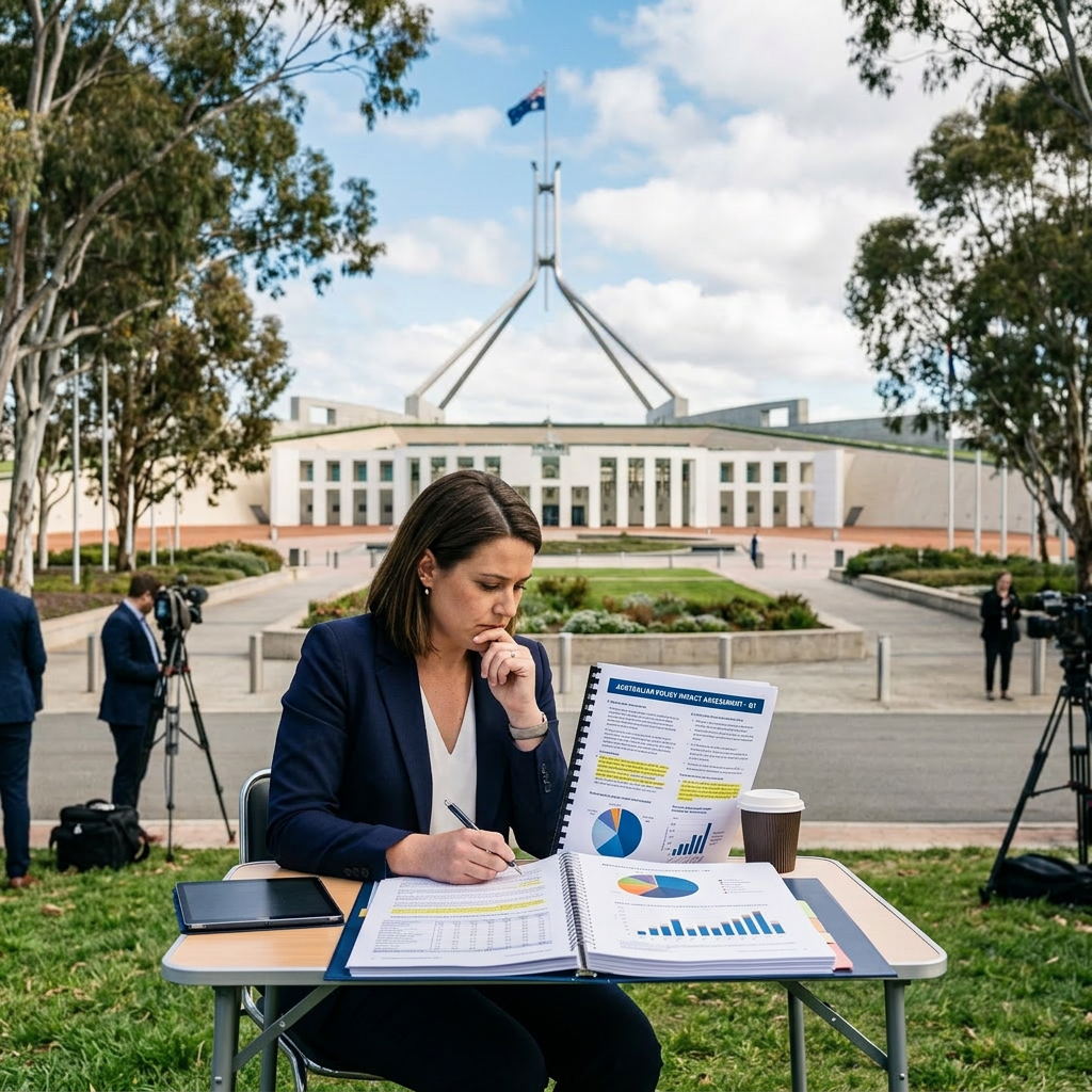 News reporter speaking live outside Australian Parliament with cameras and crew